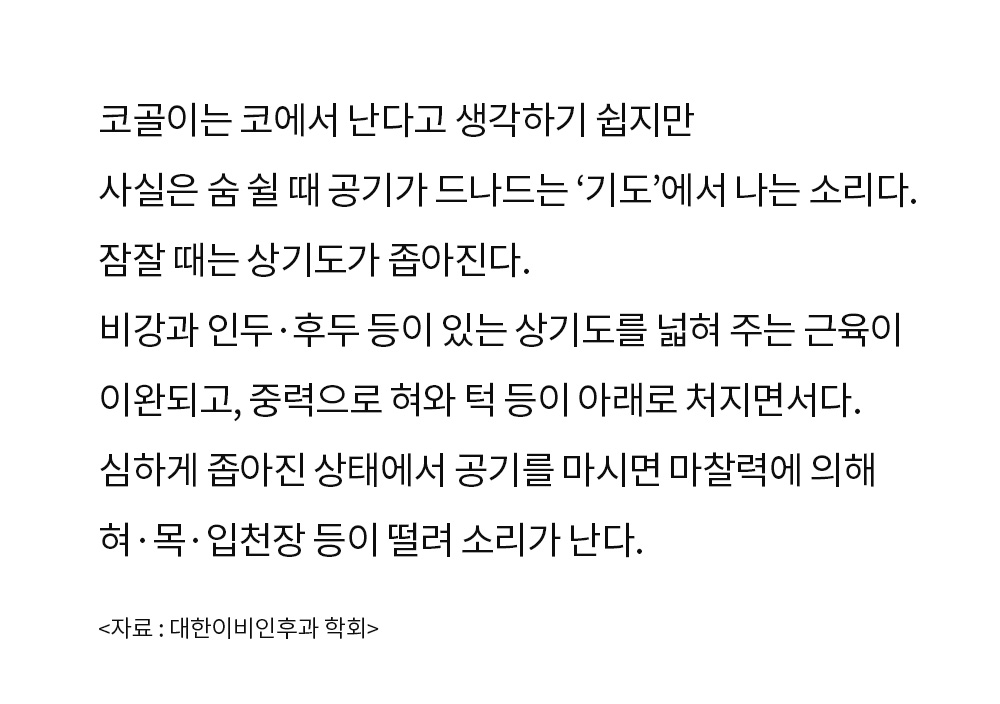 코골이는 코에서 난다고 생각하기 쉽지만 사실은 숨 쉴 때 공기가 드러나는 기도에서 나는 소리다