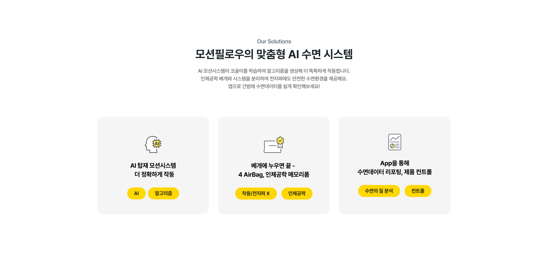 모션필로우의 맞춤형 AI 수면 시스템 - AI 탑재 모션시스템 더 정확하게 작동, 베개에 누우면 끝(4 AirBag, 인체공학 메모리폼), App을 통해 수면데이터 리포팅, 제품 컨트롤